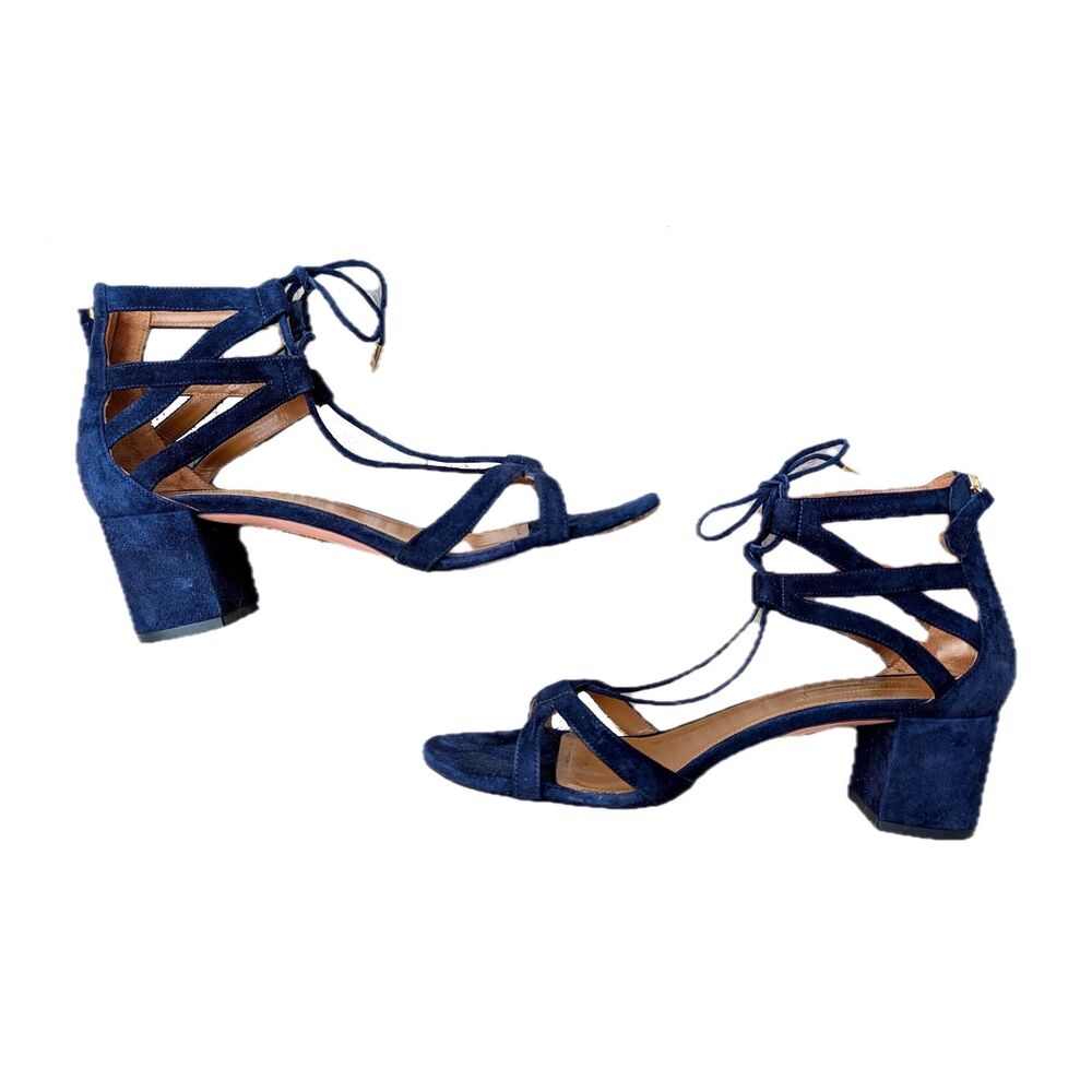 AQUAZZURA "Beverly Hills" Navy Suede Strappy Laced Mid Heel Sandals, 39.5 / 9.5